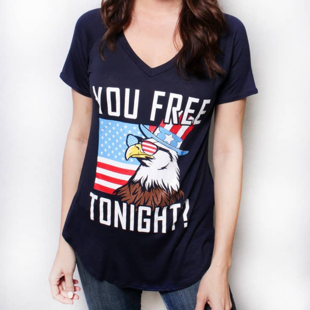 You free tonight  V-neck blue tee